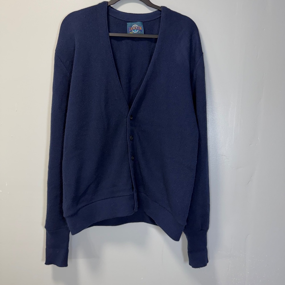 Vintage Jantzen Mens Large Navy Blue Knit Button Up Cardigan Sweater USA Made